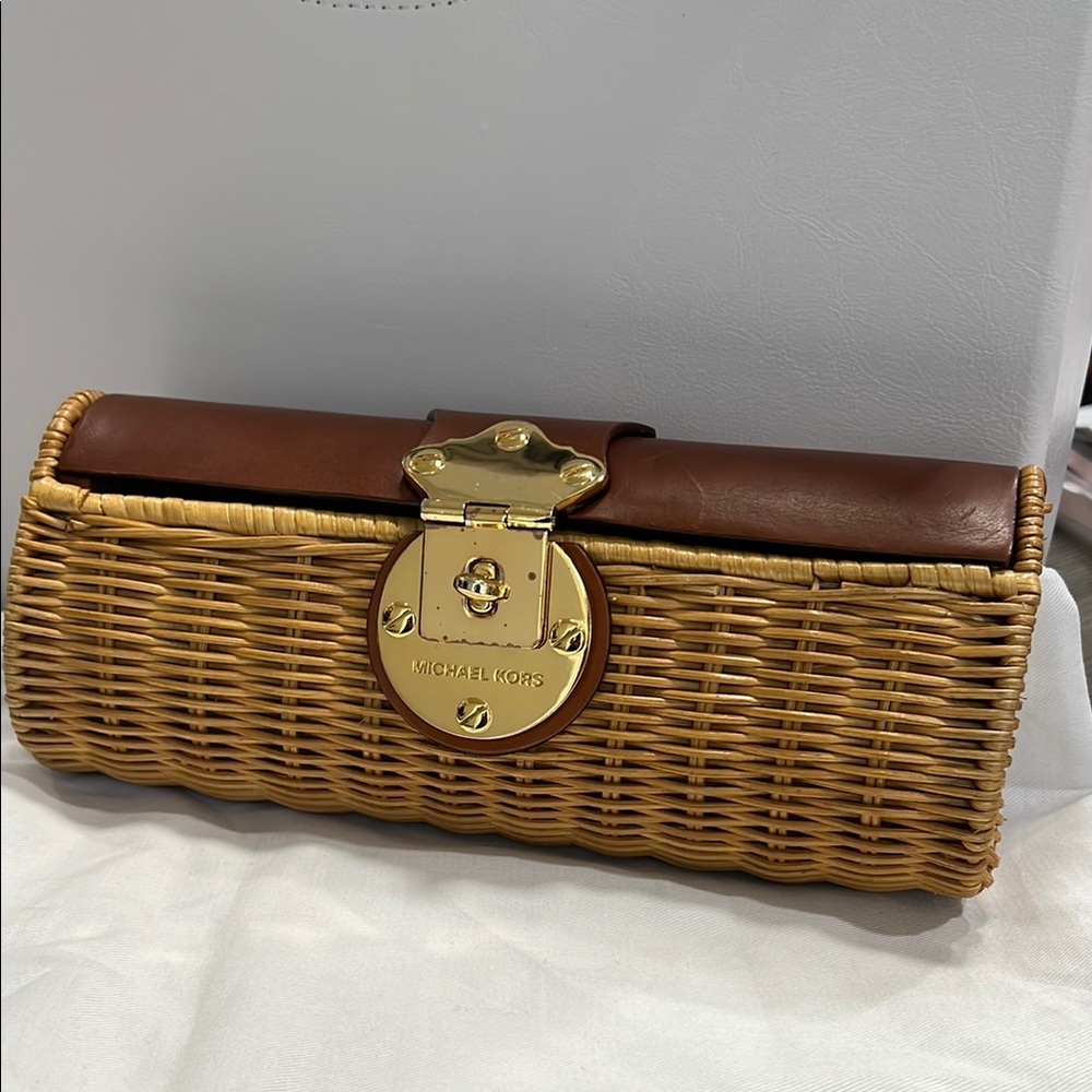 Michael Kors Wicker Clutch with Leather Trim